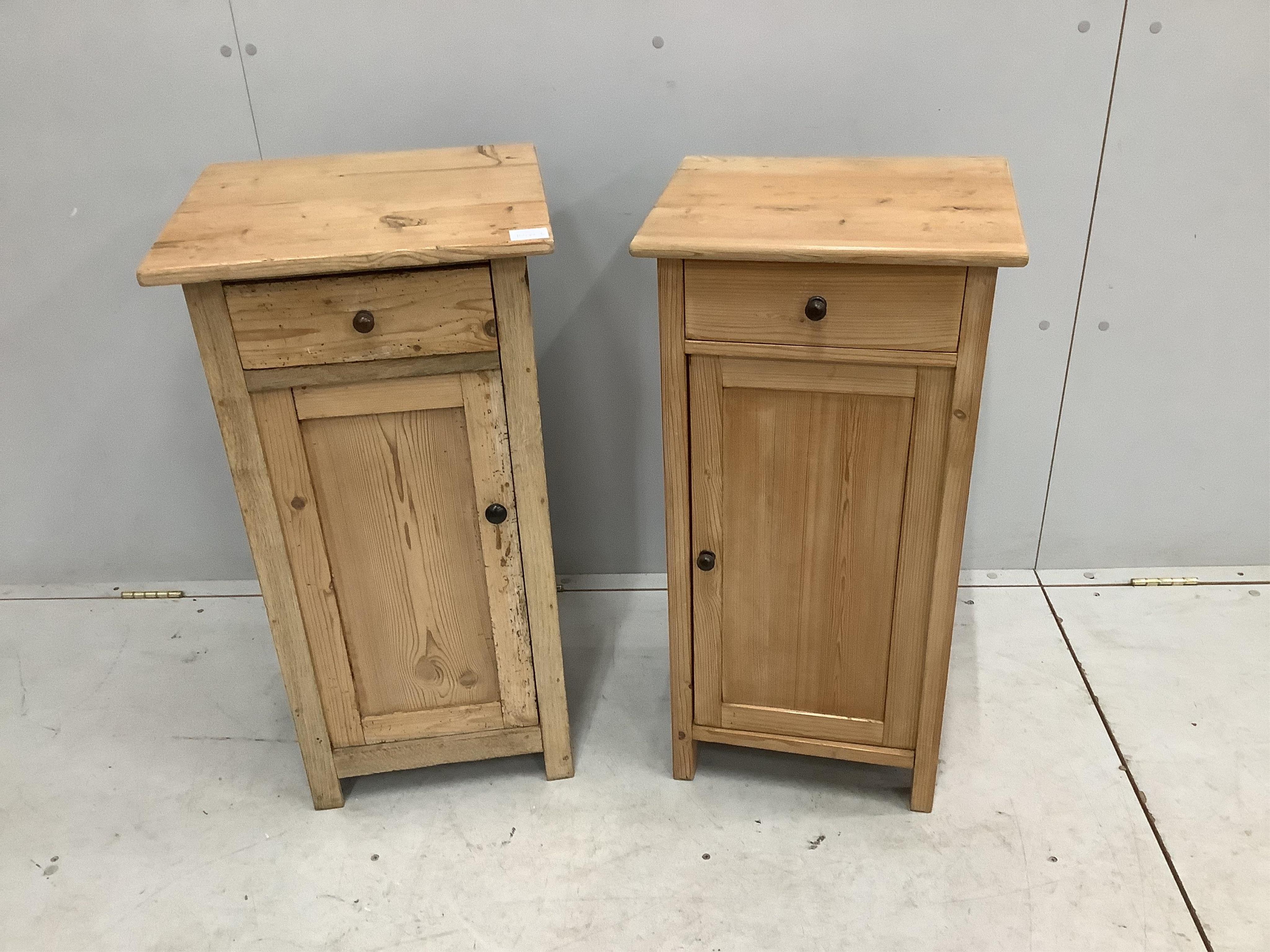 A near pair of East European pine bedside cabinets, width 42cm, depth 38cm, height 80cm. Condition - fair, one with evidence of worm, now inactive